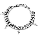 Hclian Mens Bracelet Double Layered Silver Stainless Steel Byzantine Cuban Cross Chain Bracelet with Black Gemstone Charm Couple Jewelry