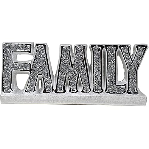 CRYSTAL CROWN Silver Bling ' FAMILY ' crushed diamonds sparkle ornament, Words Sign Free Standing Love Desk/Shelf/Home Wall Decoration Art