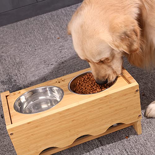 Raised Dog Bowls for Medium Dogs, Adjustable Bamboo Dog Food Bowls Dog