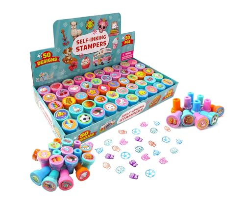 TINYMILLS 50 Pcs Assorted Kawaii Cute Stamps for Kids - Trendy Self-Ink Stamps for Birthday Party, Carnival, School & Classroom Rewards Teacher Treasure Box