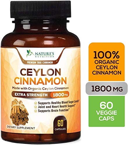 Organic Ceylon Cinnamon Highest Potency Standardized 1800mg - True Organic Ceylon Cinnamon Pills - Blood Sugar Levels Support Supplement, Vegan Anti-Inflammatory for Joint Pain Relief - 60 Capsules