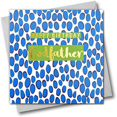 Claire Giles Greeting Cards, Happy Birthday Godfather Card, Blue Dots, Text Foiled in Shiny Gold