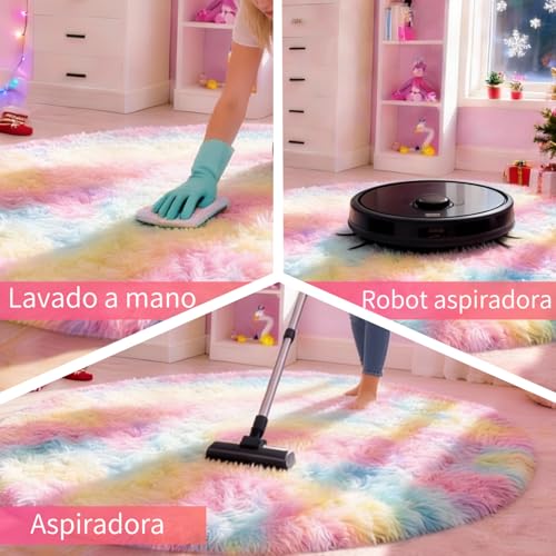 VOFUSHON Living Room Rug 150 cm Rainbow Rug Long Hair Washable Non-Slip Carpet for Bedroom