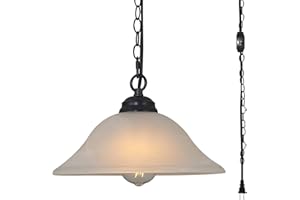 SHENGQINGTOP Traditional Plug in Pendant Light Fixture Alabaster Glass Shade, Black Hanging Lamp with Dimmable Switch,16.4Ft Cord & 14.7Ft Chain for Kitchen Sink Corner Nook