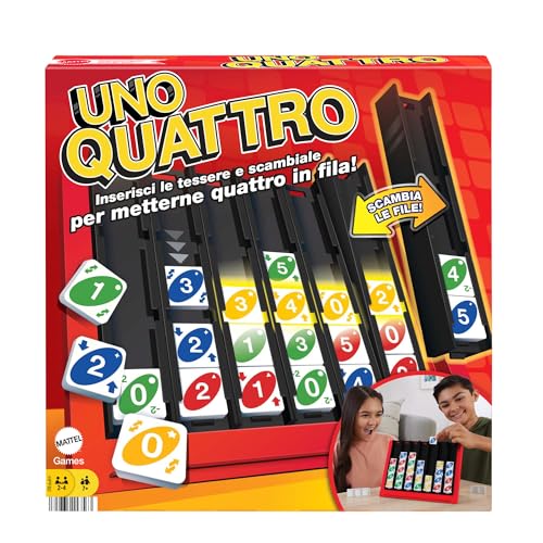 - UNO Quattro, combina l'abilità di abbinare il colore o il numero alla sfida di posizionare quattro tessere in fila, per serate di gioco, 7+ anni, HPF82