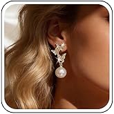 Yheakne Vintage Crystal Pearl Dangle Earrings Cz Butterfly Pearl Drop Earrings Gold Butterfly Pearls Earrings Rhinestone Butterfly Stud Earrings Jewelry for Women