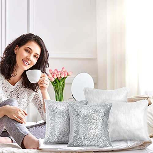 Pcs Sequin and Fluffy Pillow Cases Winter Faux Fur Throw Pillow