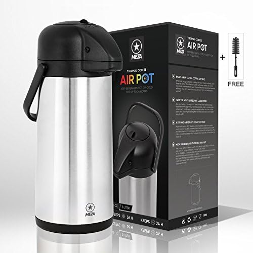 Meza Thermal Carafe Airpot – Stainless Steel Thermos Dispenser For Hot And Cold Beverages – Insulated Drink Sever For Water, Tea, Hot Chocolate – 3 Liter (102 oz.) – Cleaning Brush Included