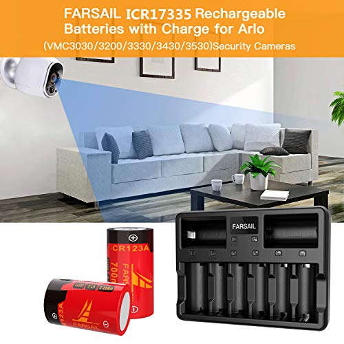 CR123A Batteries, FARSAIL 8-Pack Rechargeable Lithium ion Batteries and Charger Compatible with Arlo Rechargeable Batteries VMC3030 VMK3200 VMS3130 3230C 3430 3530 Wireless Security Cameras