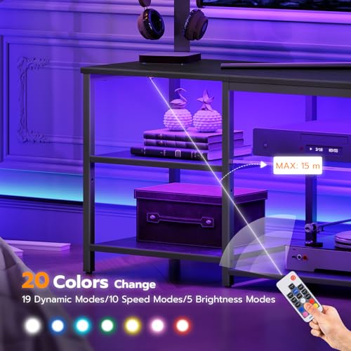 HOOBRO 3 Tier TV Table with LED Lights for 32-65 inch TV, 140cm Black TV Units with Power Outlet, Gaming TV Entertainment Center with Open Shelves for Living Room,Bedroom EBB20KDDS01