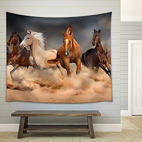 Horse Herd Run in Desert Sand Storm Against Dramatic Sky - Fabric Wall Tapestry Home Decor - 51x60 inches