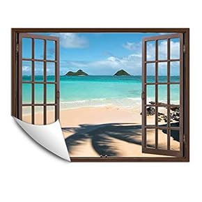 Wall Murals for Bedroom Fake Window Beach Brown Window Removable Wallpaper Peel and Stick Wall Stickers - 24x32 inches