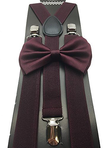 Dark Burgendy Color Wedding Accessories Adjustable Bow Tie & Suspenders