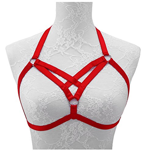 Harness Bra,Jelinda Women Sexy Goth Open Cup Cage Strappy Bra Bustier (Style B-Red)