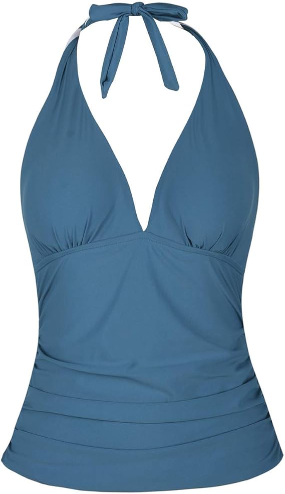 Mycoco Women's Halter Swim Top V Neck Swimwear Front Shirred Tankini