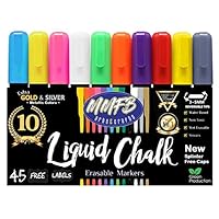 Erasable Liquid Chalk Markers 10 Pack w/ 45 Chalkboard Labels, Not Toxic Wet Erase Window Glass Bright Neon Pens, Metallic Gold & Silver, Reversible Bullet Chisel Tip w/Splinter Free Cap (Bold 5MM)