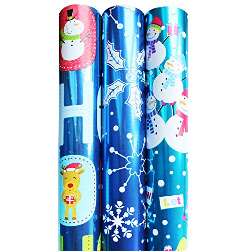 Premium Foil Christmas Holiday Wrapping Paper Rolls - Pack of 3 Rolls 120SQFT Extra Width HOHOHO with Juvenlies Snowman and Reindeer, White snowflakes on Blue, Have Fun with Snowballs