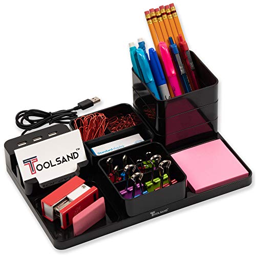 Home Office Desk Organizer Set with 3-port USB Charging Hub, 82-piece Binder Clip Set, Pen Holder and Pencil Holder (Black)