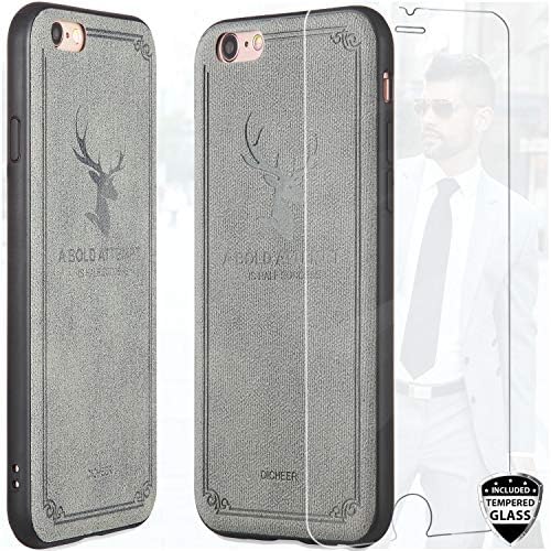 DICHEER Compatible iPhone 6 Case,iPhone 6s Case with Glass Screen Protector,Matte Leather Design Grey for Men Women Girls,Ultra Slim Protective Cover Thin Phone Case for iPhone 6/iPhone 6s