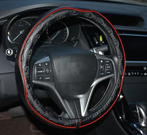 Rueesh Microfiber Leather Car Steering Wheel Cover, Soft Padding, Durable, No Smell, Universal 15 Inch Steering Cover, Anti-slip Embossing Pattern B, Black with Red Line