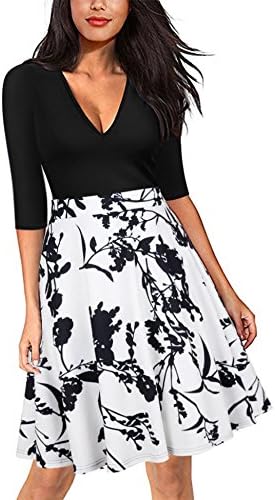 Vemper Flare Dress Floral Contrast V-Neck Half Sleeve Party Dress, White, Small
