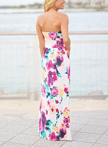 Kbook Women's Strapless Vintage Floral Print Beach Wedding Party Boho Pocket Maxi Dress