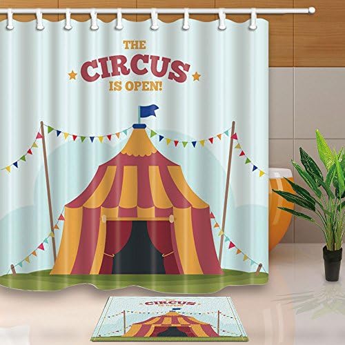 ChuaMi Polyester Fabric 69 x 70 Inches Shower Curtain Set with Hooks Mildew Resistant Waterproof Bath Decoration Curtain Suit with 40 x 60cm Non-slip Floor Mat Bath Rug (THE CIRCUS IS OPEN! Set)