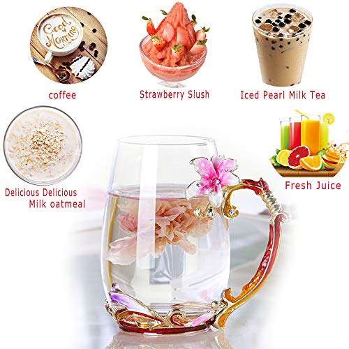 Tea Cup Coffee Mug Cups, Lily Flower Glass Tea Cup, Unique Personalized Birthday Present Ideas for Women Grandma Mom Teachers Hot Beverages 13OZ Pink - Thumbnail 4