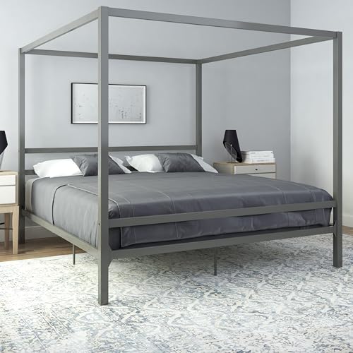 Photo 1 of DHP King Metal Canopy Bed, Modern Design with Built-In Headboard, Sturdy Frame, No Box Spring Needed, Gunmetal Gray