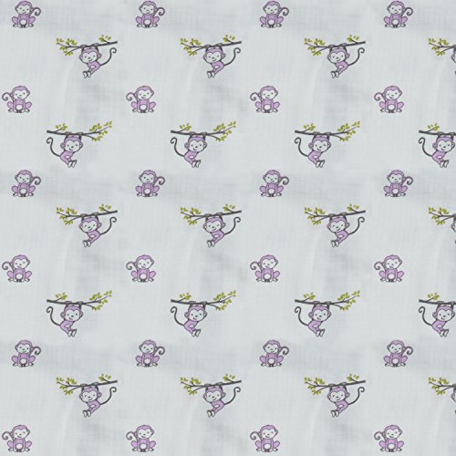 Bacati Set of 4 Happy Monkeys Muslin Swaddling Blankets, Pink/Purple/Grey