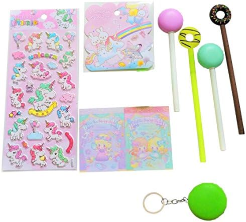 Donut and Macaroon Gel Pen Set with notepads, stickers and free squishy! (Green Brown)