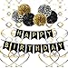 Famoby Black Happy Birthday Banner Pom Poms Streamers for Party Decorations