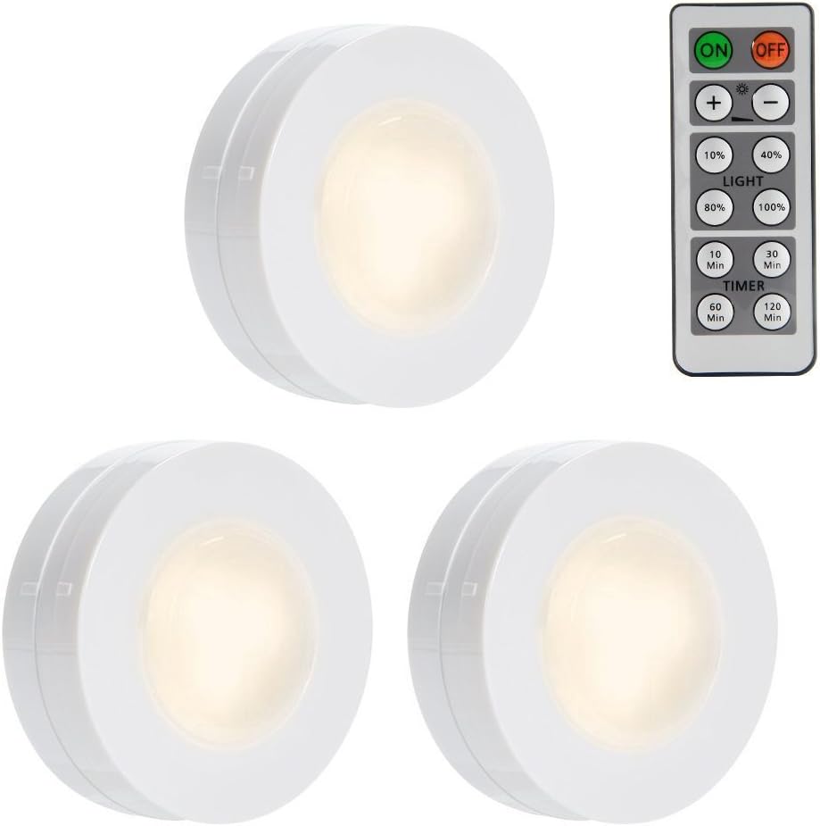 3 Packed LED Puck Lights, Lunsy Remote Controlled Closet Lights Super Bright Under Cabinet Lighting Round Shape Battery Powered Dimmable Light