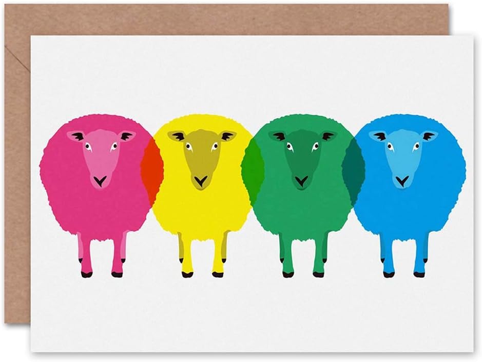 Wee Blue Coo CUTE COLOURFUL CARTOON SHEEP BIRTHDAY ART GREETINGS GREETING CARD GIFT, green|beige|pink|blue|yellow, 12.5 x 17.5 cm
