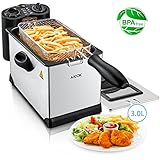 Deep Fryer with Basket, Aicok Stainless Steel Electric Oil Deep Fryer Machine with Adjustable Temperature & Timer, Easy to Clean, Perfect for Fries, Chicken, Shrimp, Fully Removable, 3 Liter, 1700W