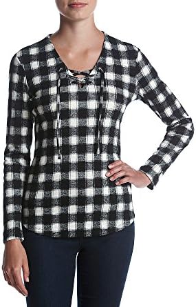Ruff Hewn Plaid Lace Up Top Black White Medium
