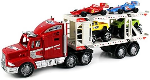 Race King Express Trailer Children's Kid's Friction Toy Truck Ready To Run w/ 4 Toy Cars, No Batteries Required (Colors May Vary)