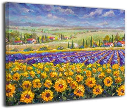 Maxwellmore Violet Blue Lavender Field Sunflowers Landscape Canvas Wall Art - Original Designed Painting Pictures On Canvas Poster Print Modern Gallery Wrapped Artwork for Home Decor 16"x20"