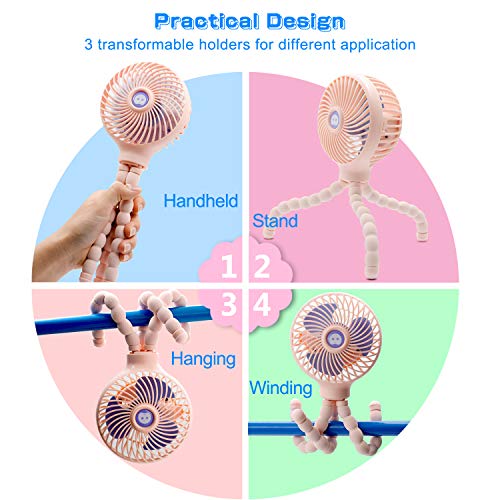 TRELC Mini Handheld Stroller Fan, Personal Portable Baby Fan with Flexible Tripod, Gift for Children, Rechargeable Fan for Office Room Car Traveling BBQ Gym Fan with 3 Settings (Pink)
