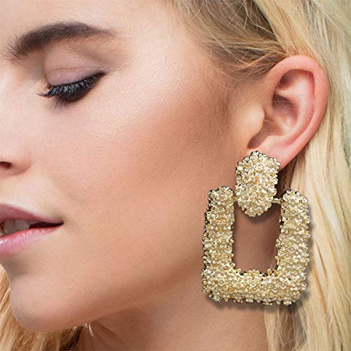 RechicGu Gold Relief Floral Door Knocker Hoop Earrings Bold Rectangler Chunky Runway Baroque