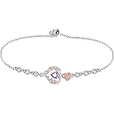 Wildari Birthstone Charm Link Bracelet 925 Sterling Silver Rose/Heart/Mom Bracelet with 12 Months Birthstone Mother's Day Gift Jewelry Gifts for Women,Chain Length 7"+2" Extend