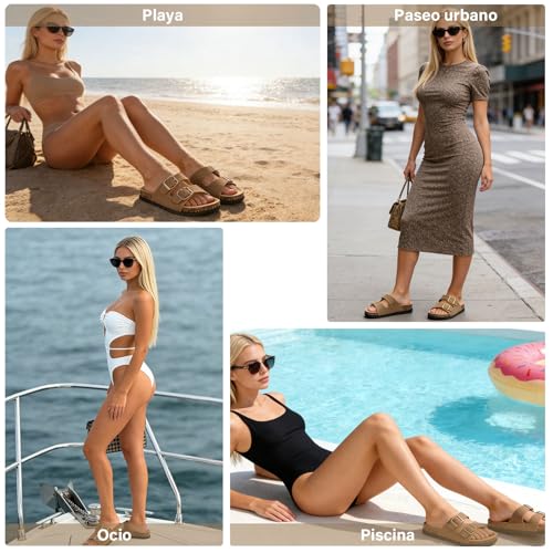 GALASALA Sandalias Mujer, Chanclas de Mujer con Plantilla de Corcho, Antideslizantes y Hebilla Ajustable, Pantuflas Mujer, Unisex Chanclas para Playa, Baño y Casa
