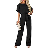 Cegerne Women Dressy Jumpsuits Short Sleeve Belted Wide Leg Pant Crew Neck Elegant Romper