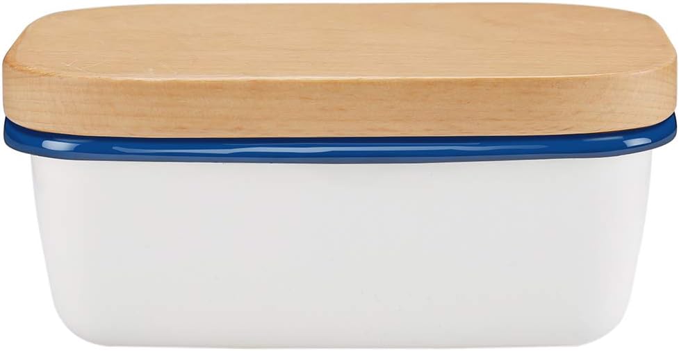 Enamel Butter Dish, G.a HOMEFAVOR Butter Box Butter Keeper Container with Wooden Lid, Pure White