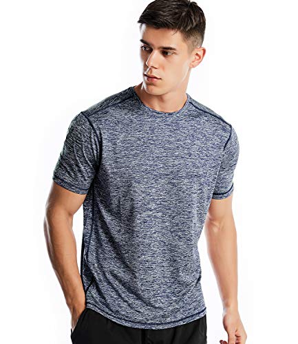 Mens Workout Shirts Dry Fit Athletic Running Shirt Moisture Wicking Sports Performance Tee(L,Marled Navy) - Thumbnail 6