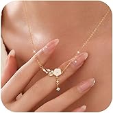 Dainty 925 Sterling Silver White Shell Flower Pendant Necklaces for Women 14K Gold Plated Cute Birth Floral Necklace Lucky Leaf CZ Charm Chain to Daugther Elegant Choker Wedding Valentine's Day Jewelry Gift