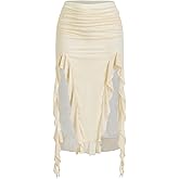 WDIRARA Women's Ruched High Slit Mesh Skirts Asymmetrical Ruffle Skirts