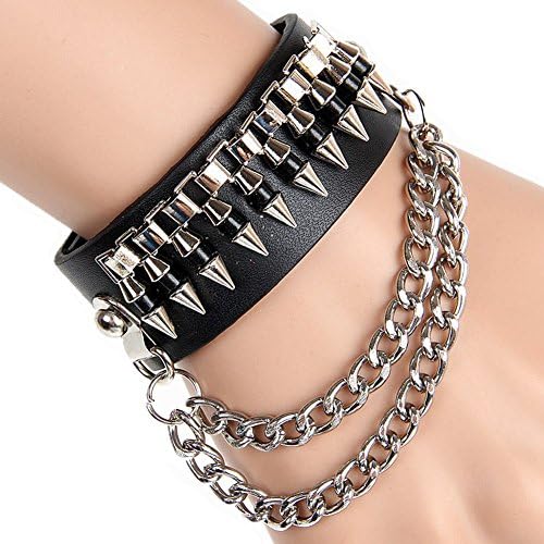 Rosemes LB-01 Mens Leather Bracelet with Bullet Chain on Colorful Resizable Wristband Bangle Cuff, 8.6" Black