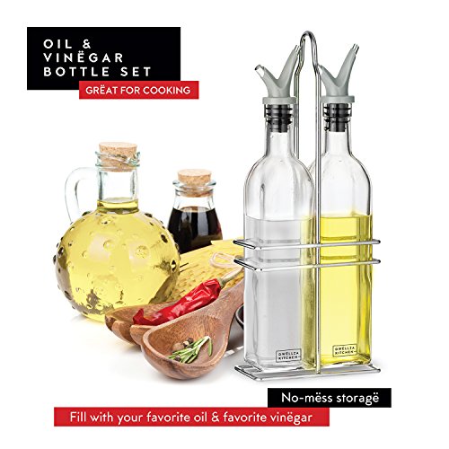 Dwellza Kitchen Glass Olive Oil and Vinegar Dispenser Set with FREE Collapsible Silicone Funnel | No-Drip Double Spouts | Dishwasher-Safe Bottles and Stainless Steel Holder in Break-Free Packaging