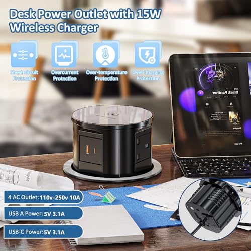 LBOYLOVE® Pop-up Power Socket, Hidden Recessed Power Socket with 15W Wireless Charging, 4 UK Plug Sockets, 1 USB Charger Port & 1 Type-C Charger Port, for Home, Office, Kitchen, Worktops, Desktop